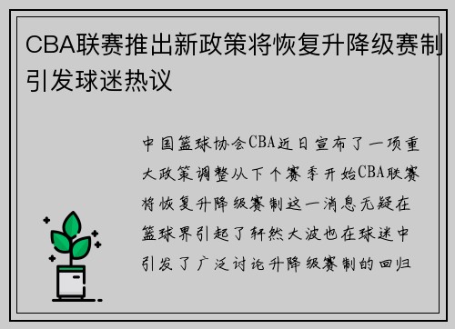 CBA联赛推出新政策将恢复升降级赛制引发球迷热议