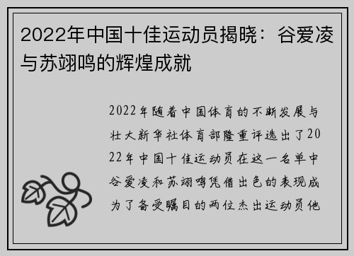 2022年中国十佳运动员揭晓：谷爱凌与苏翊鸣的辉煌成就