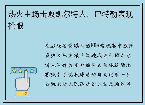 热火主场击败凯尔特人，巴特勒表现抢眼